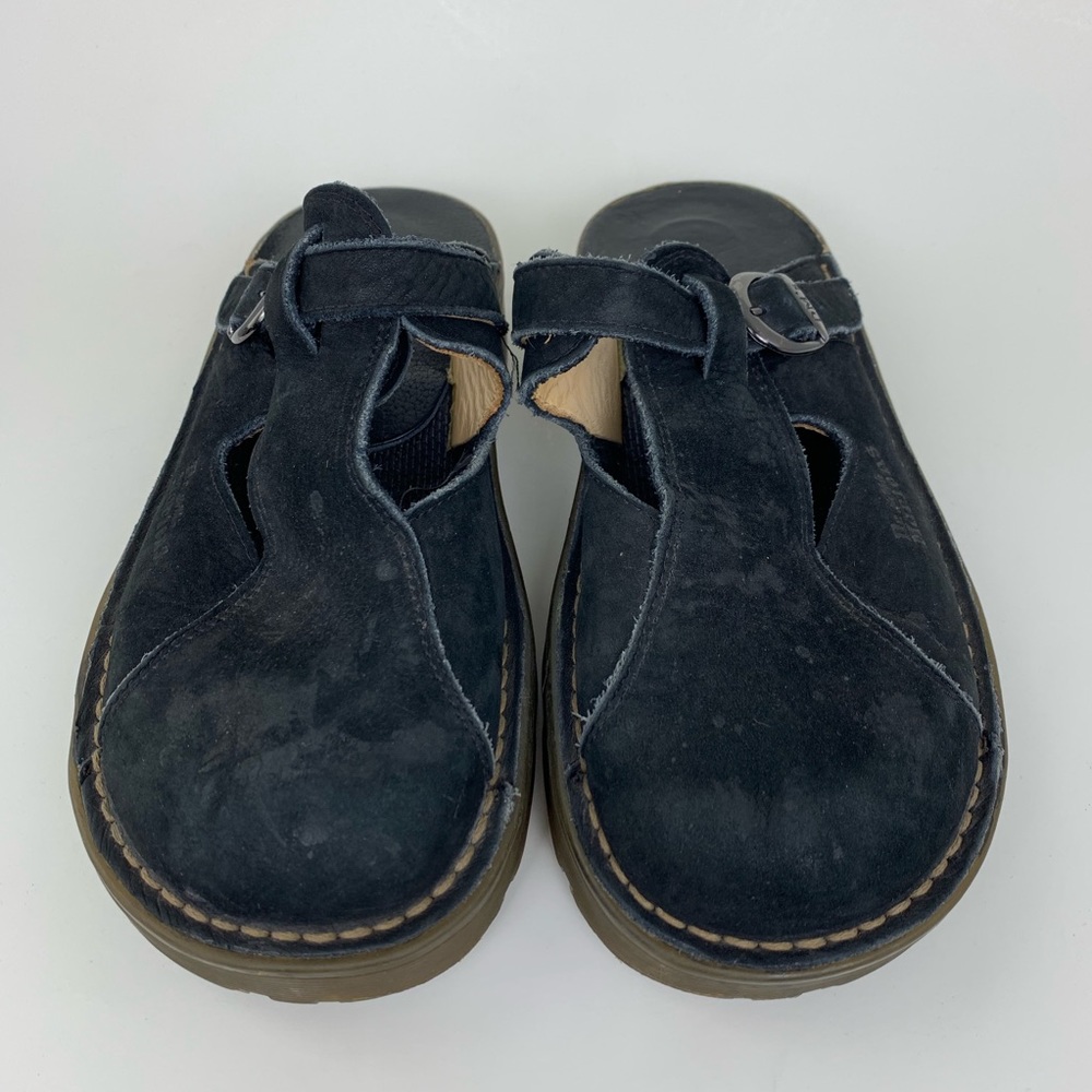 Dr. Martens Black Suede Slip On Buckle Clog Shoes - Picture 2 of 6